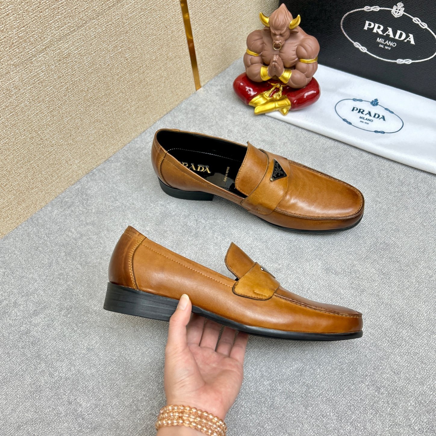 Pra*a Brushed Leather Loafers Triangle Logo Brown