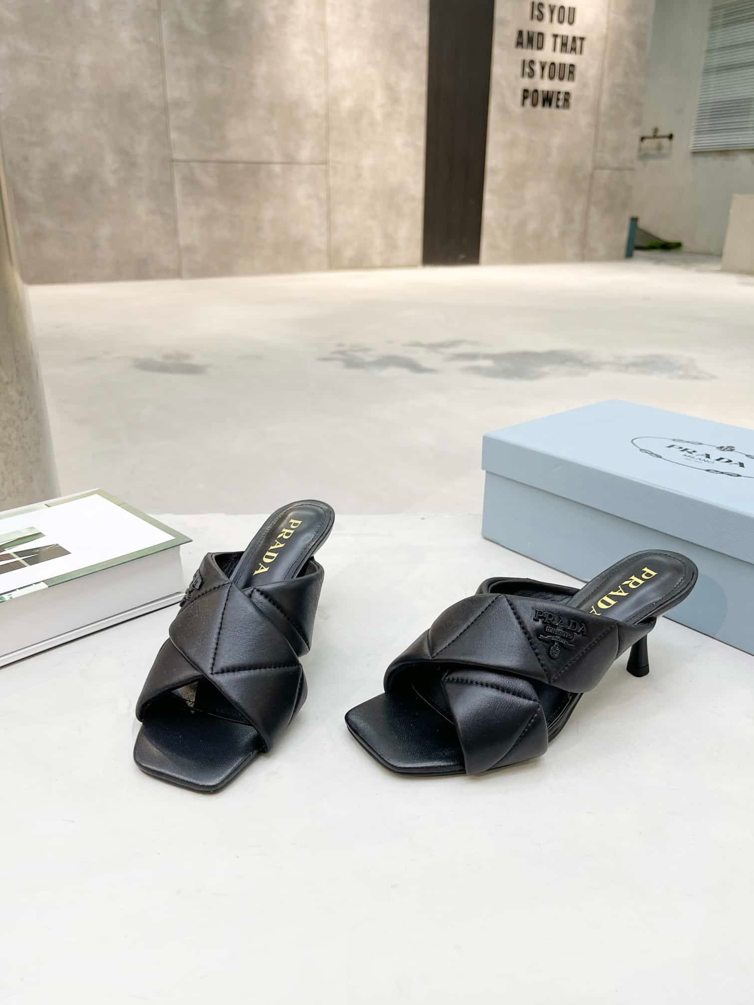 Pra*a Black Quilted Leather Mule