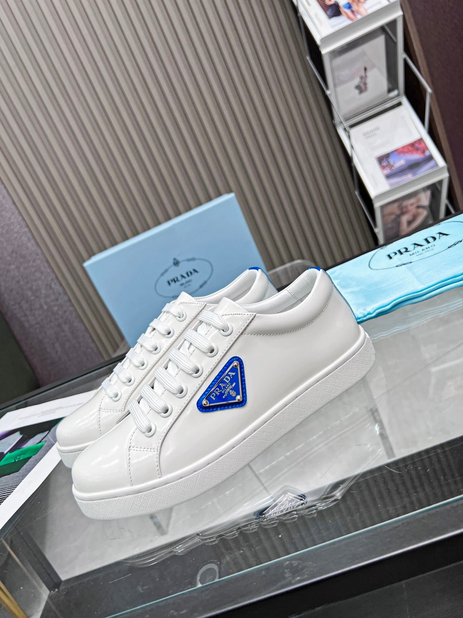 Pra*a Brushed Sneaker Leather White White Cobalt Blue