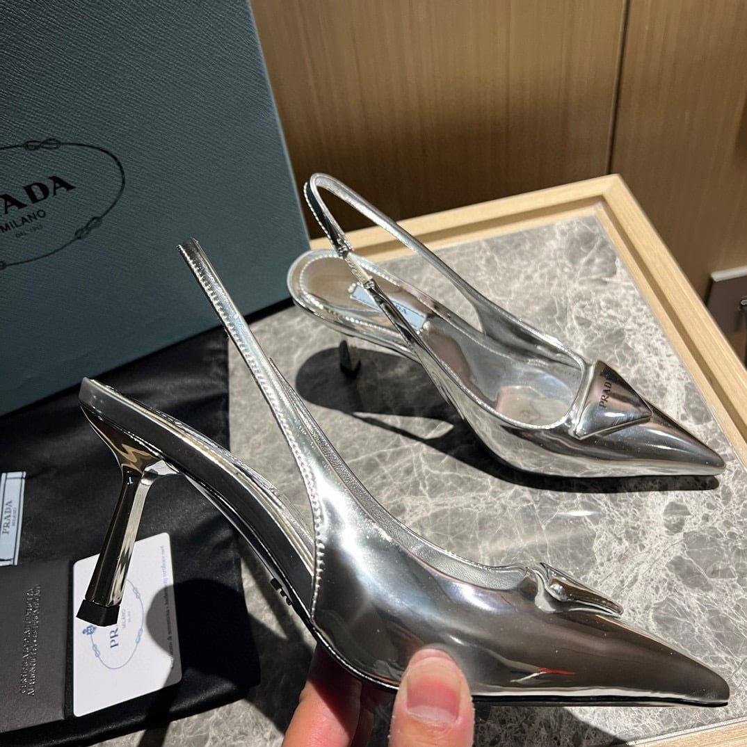 Pra*a Brushed Leather Slingback Pumps Silver