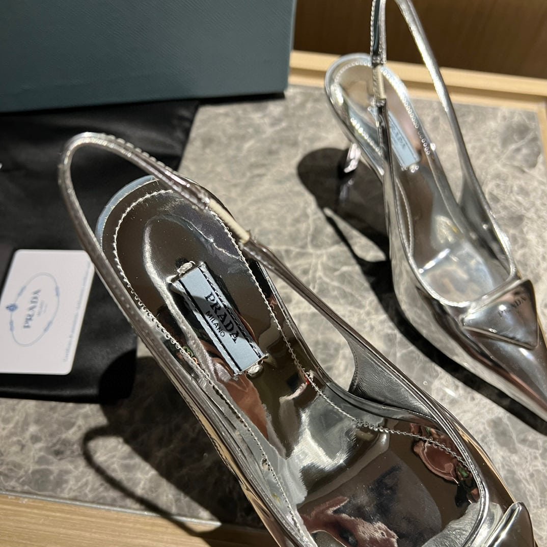 Pra*a Brushed Leather Slingback Pumps Silver