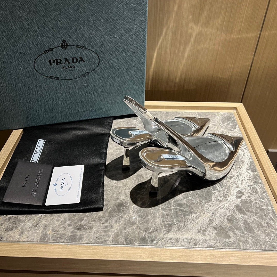 Pra*a Brushed Leather Slingback Pumps Silver