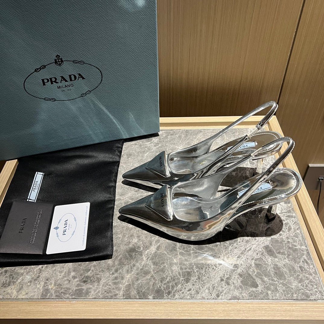 Pra*a Brushed Leather Slingback Pumps Silver
