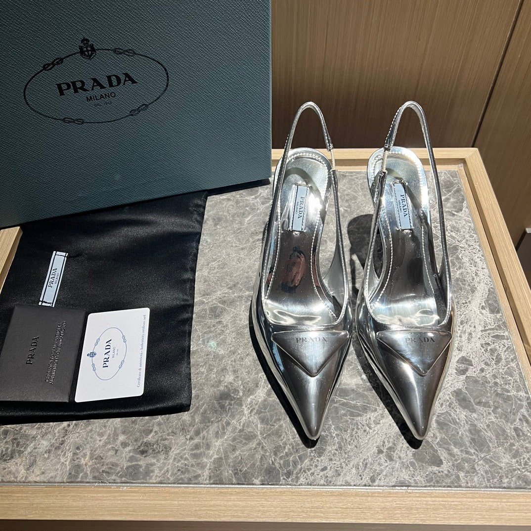 Pra*a Brushed Leather Slingback Pumps Silver