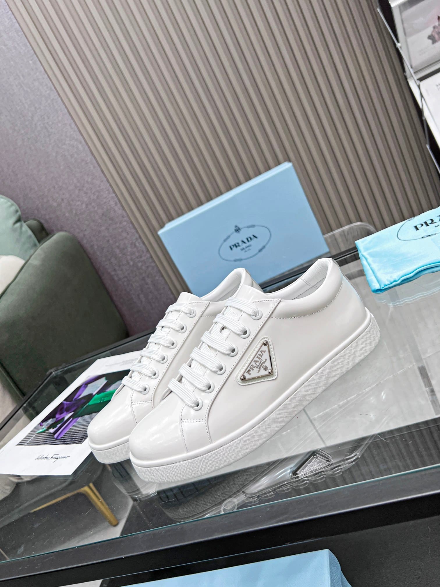 Pra*a Logo Sneaker In Brushed Leather White