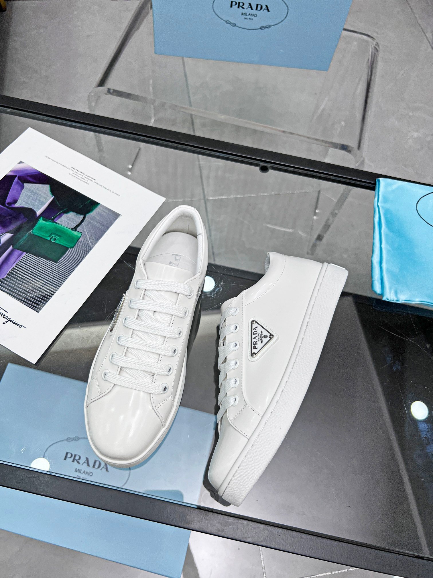 Pra*a Logo Sneaker In Brushed Leather White