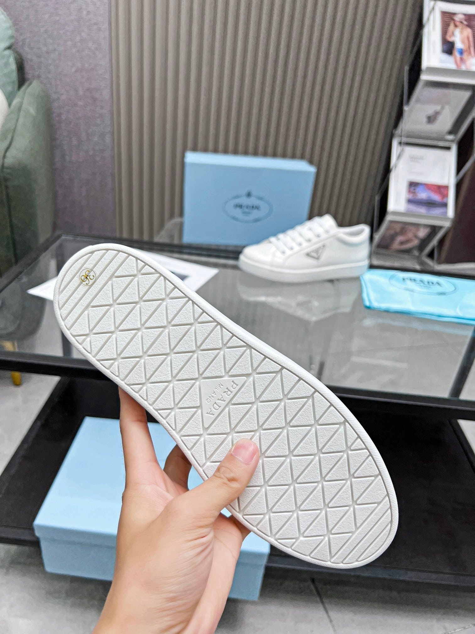 Pra*a Logo Sneaker In Brushed Leather White