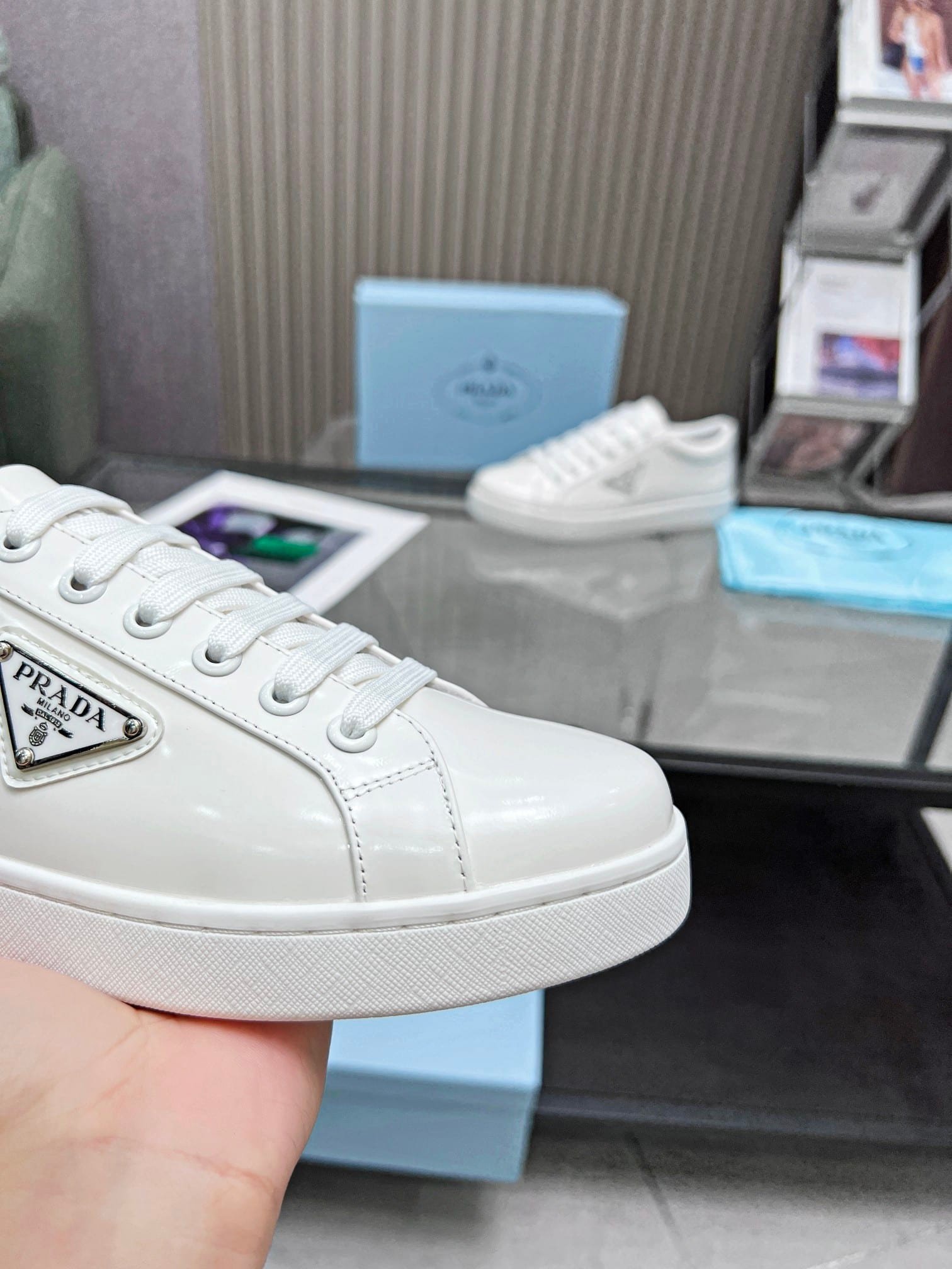 Pra*a Logo Sneaker In Brushed Leather White