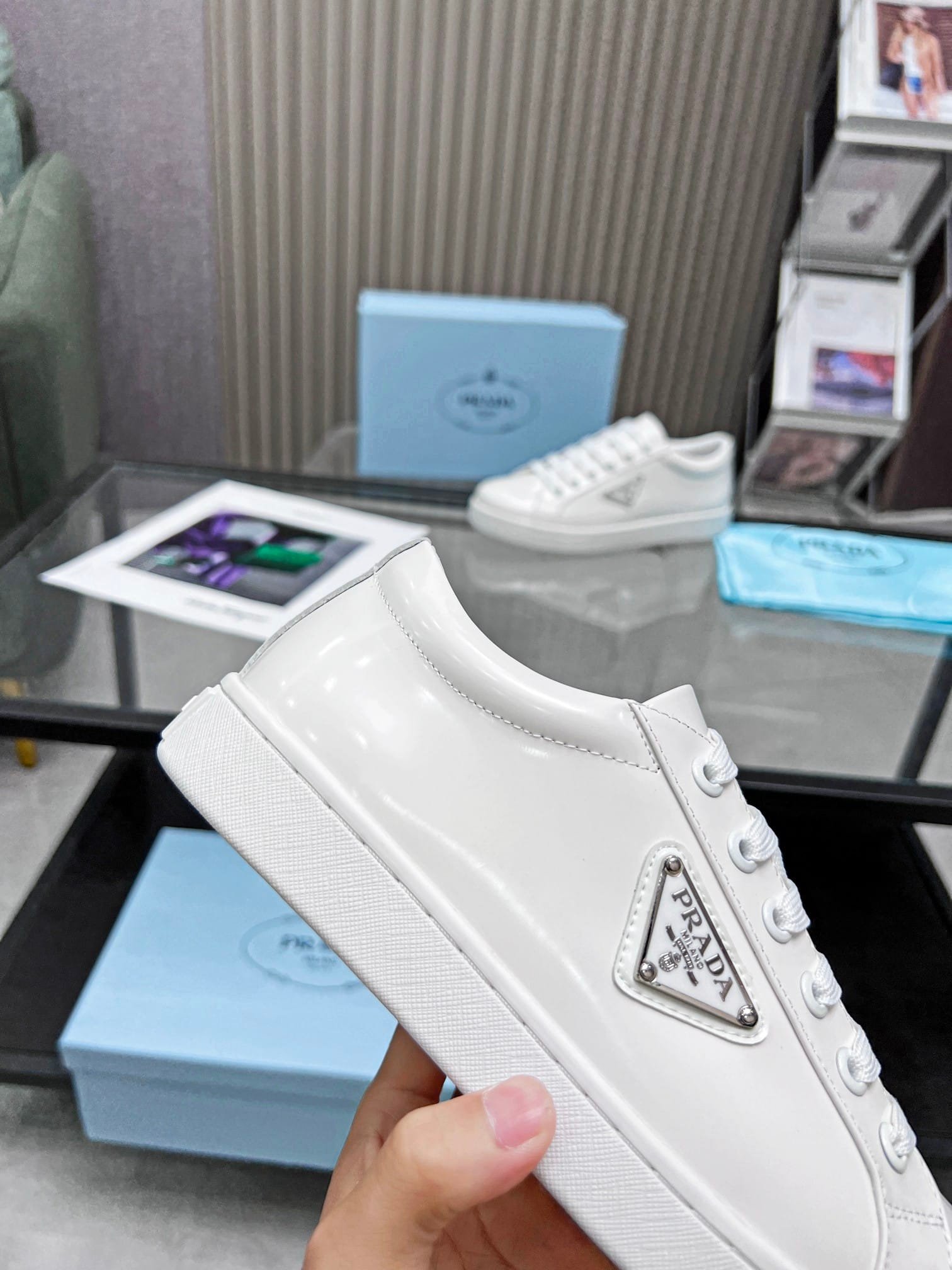 Pra*a Logo Sneaker In Brushed Leather White