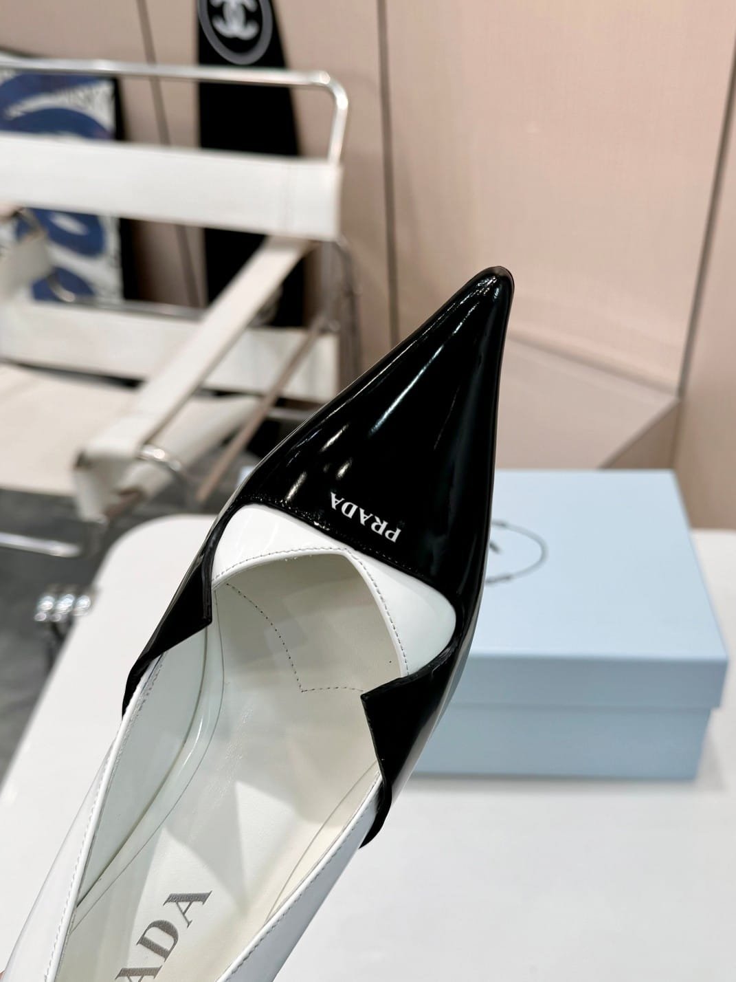 Pra*a Two Tone Toe Kitten Heels In Black And White