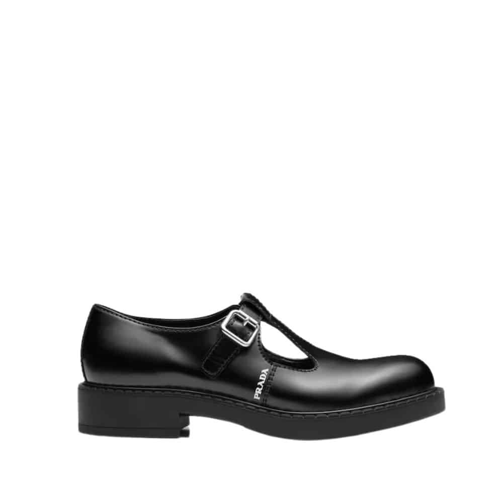 Pra*a Brushed Leather Mary Jane T Strap Shoes Black 2Ee372 055 F0002