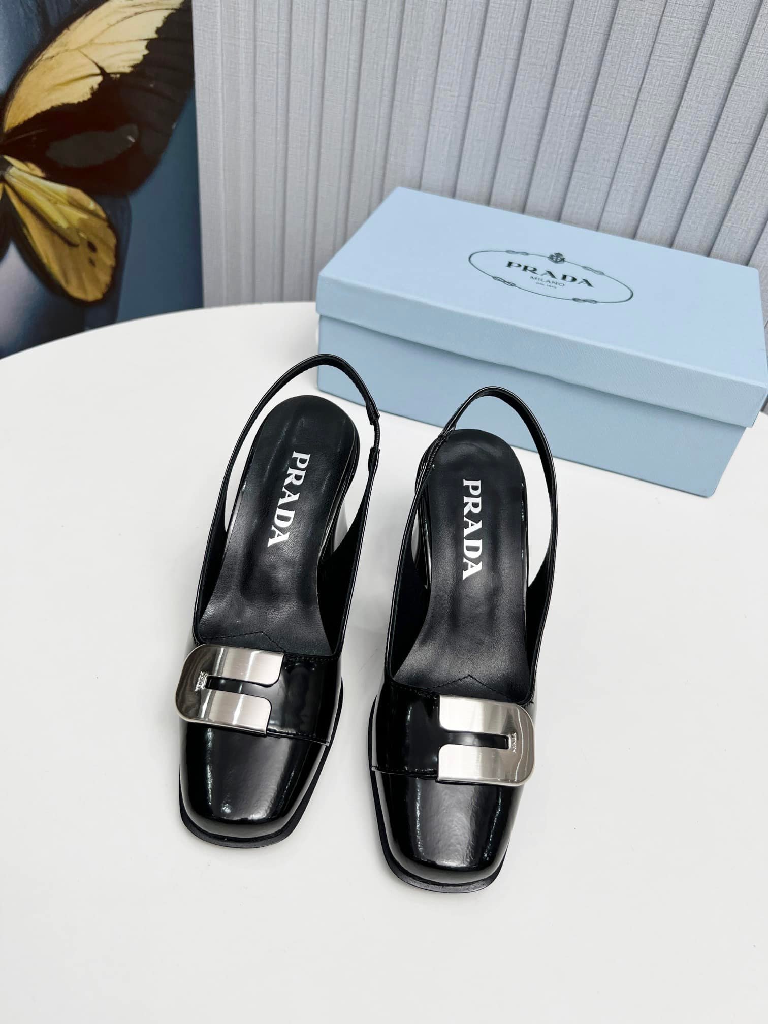 Pra*a Leather Slingback Pumps Black