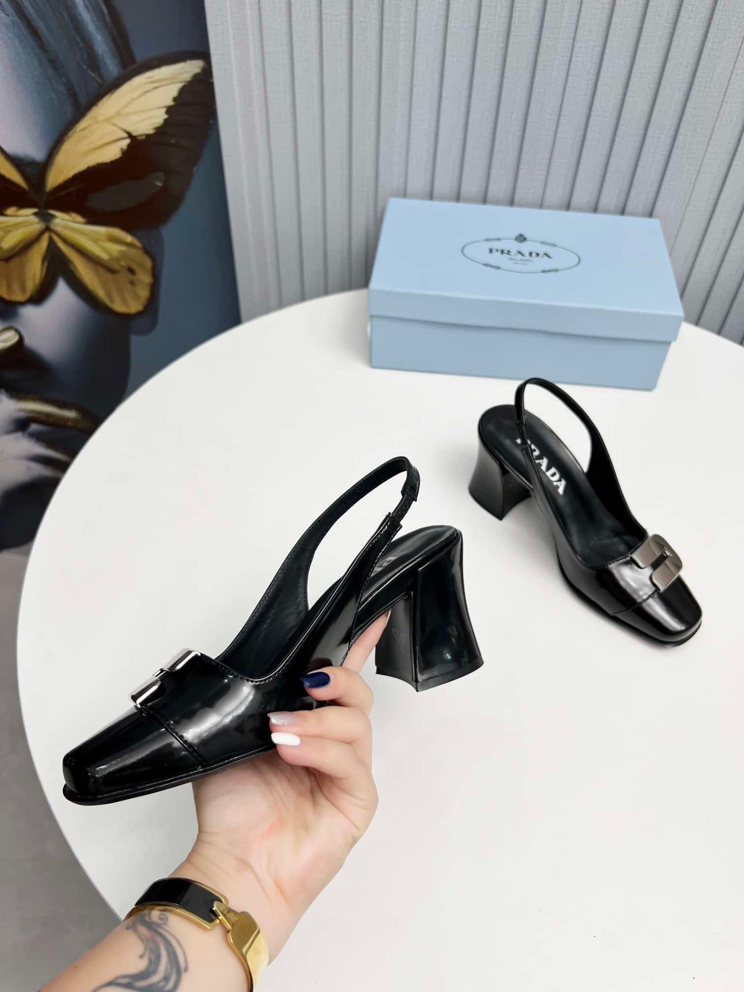 Pra*a Leather Slingback Pumps Black