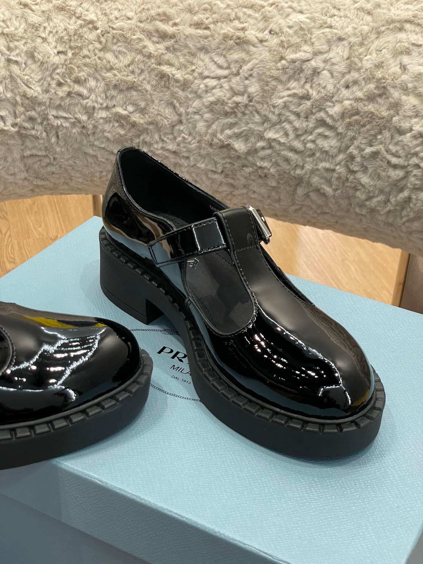 Pra*a Brushed Leather Mary Jane T Strap Shoes Black 2Ee372 055 F0002