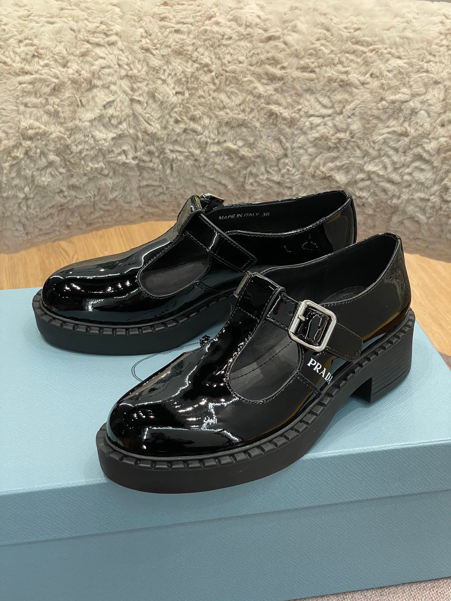Pra*a Brushed Leather Mary Jane T Strap Shoes Black 2Ee372 055 F0002