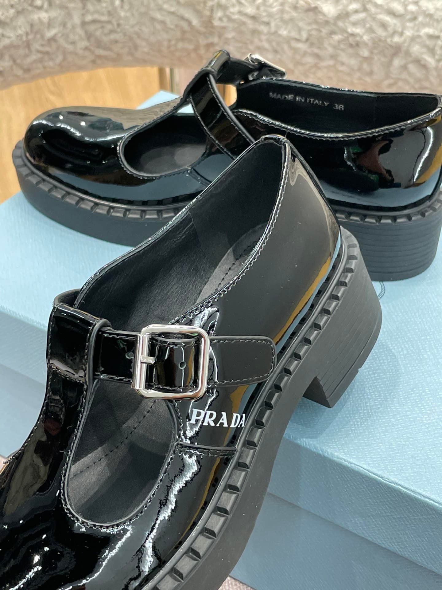 Pra*a Brushed Leather Mary Jane T Strap Shoes Black 2Ee372 055 F0002