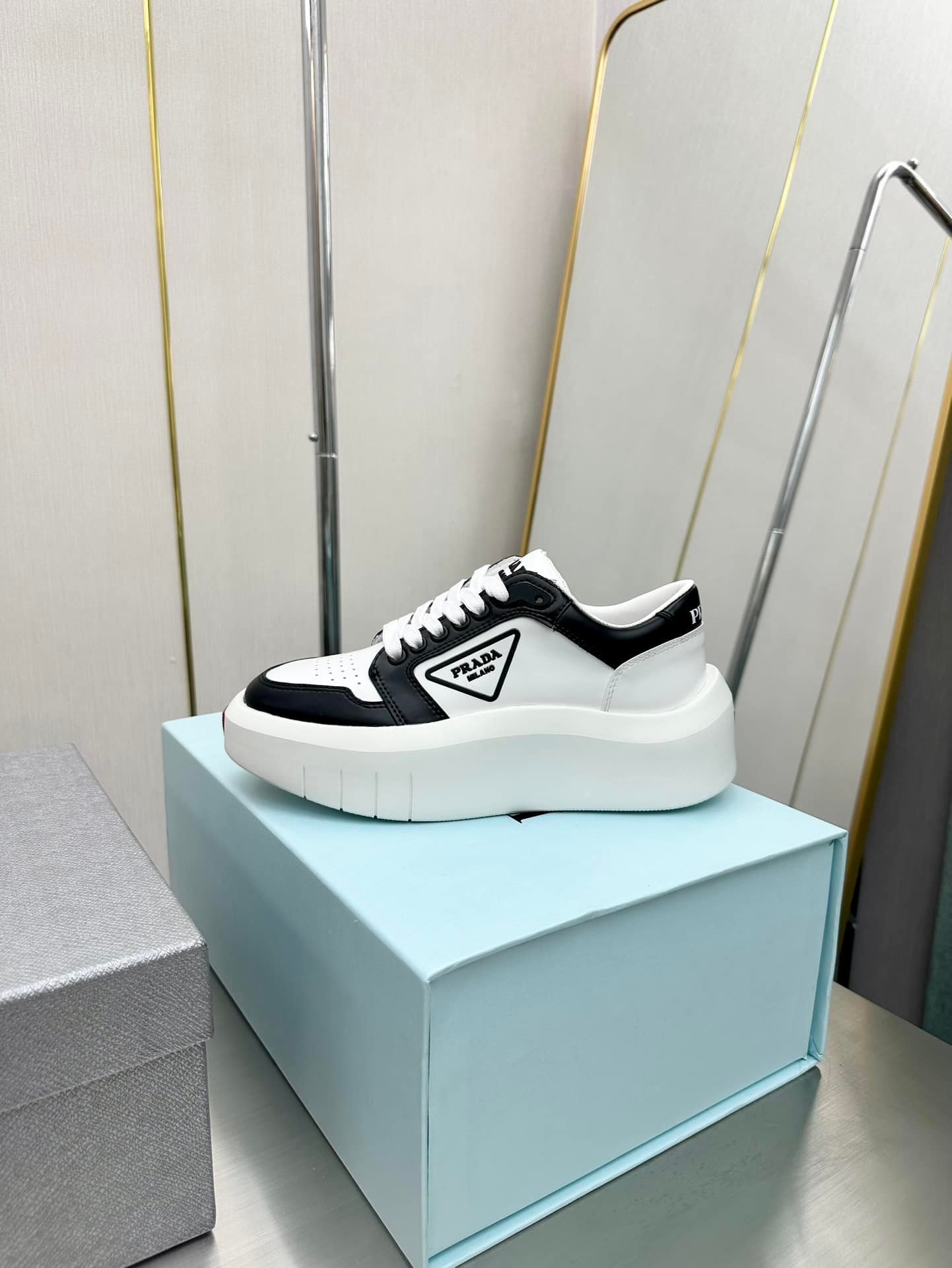 Pra*a Leather Platform Sneaker White And Black