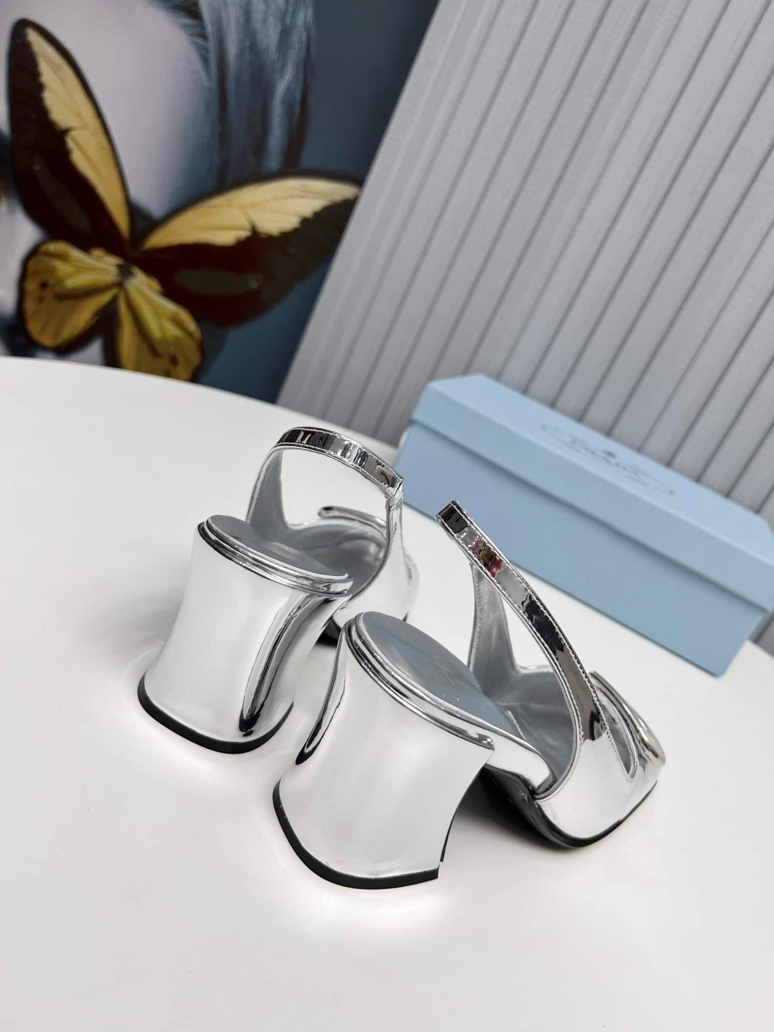 Pra*a Leather Slingback Pumps Silver
