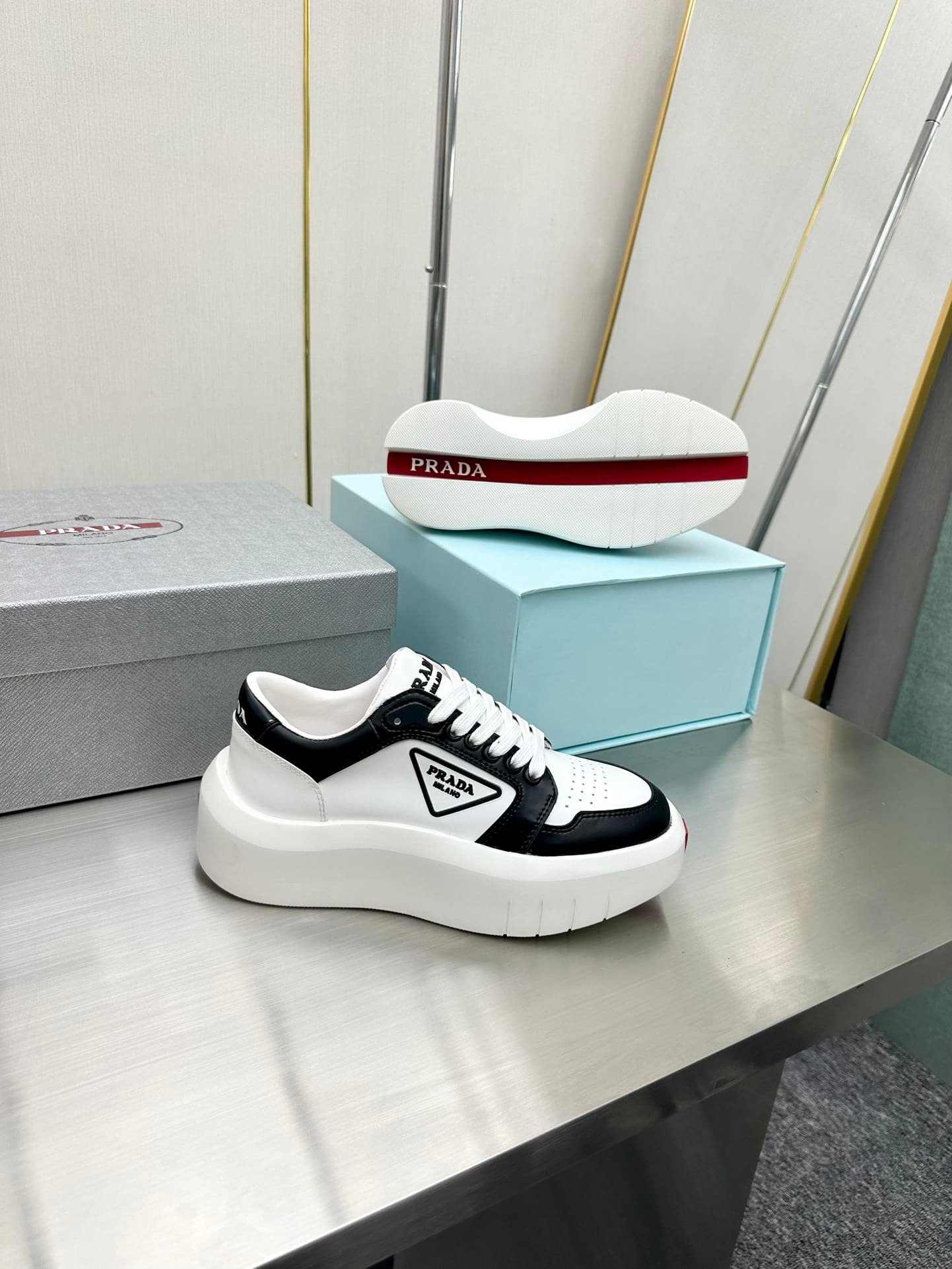 Pra*a Leather Platform Sneaker White And Black