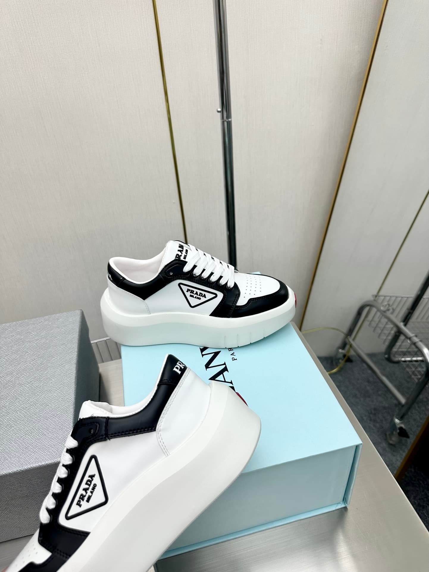 Pra*a Leather Platform Sneaker White And Black