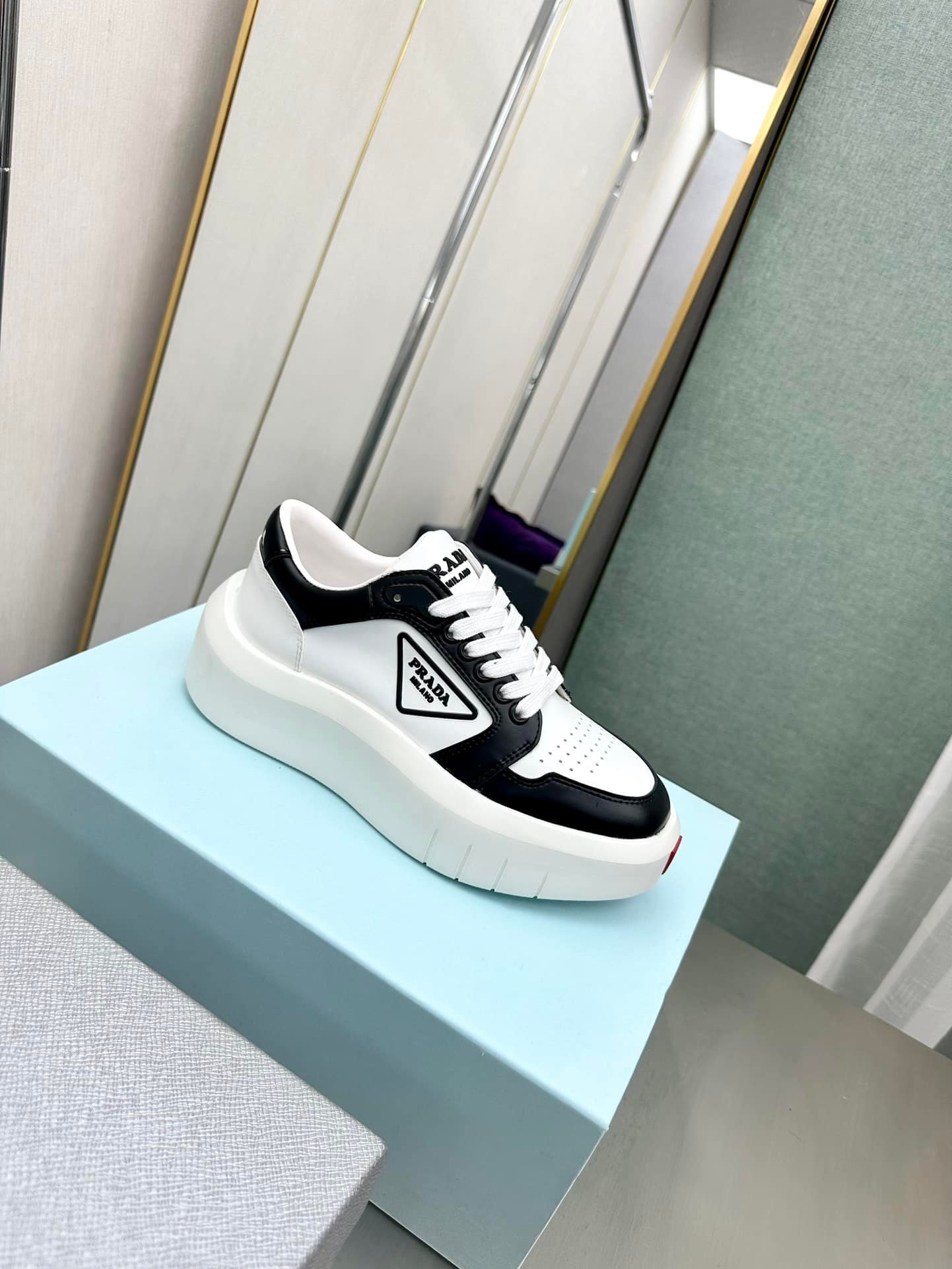 Pra*a Leather Platform Sneaker White And Black