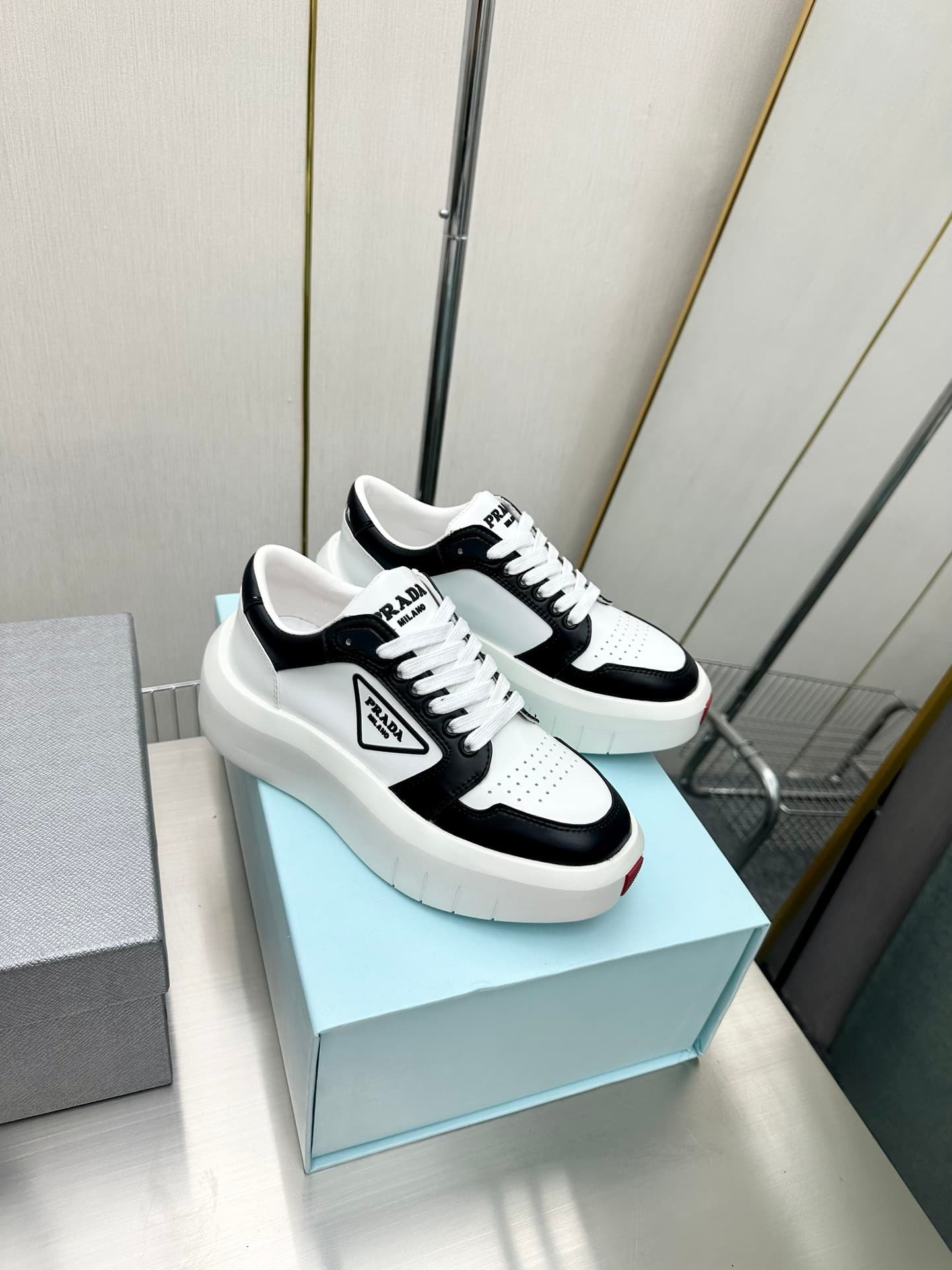 Pra*a Leather Platform Sneaker White And Black