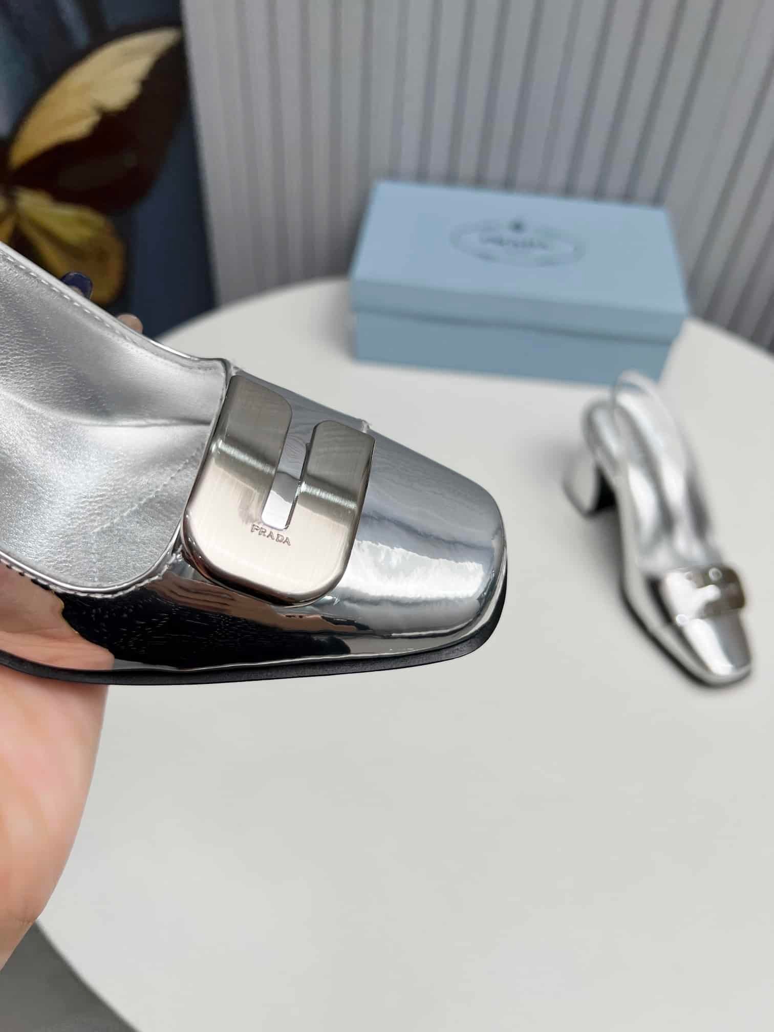 Pra*a Leather Slingback Pumps Silver