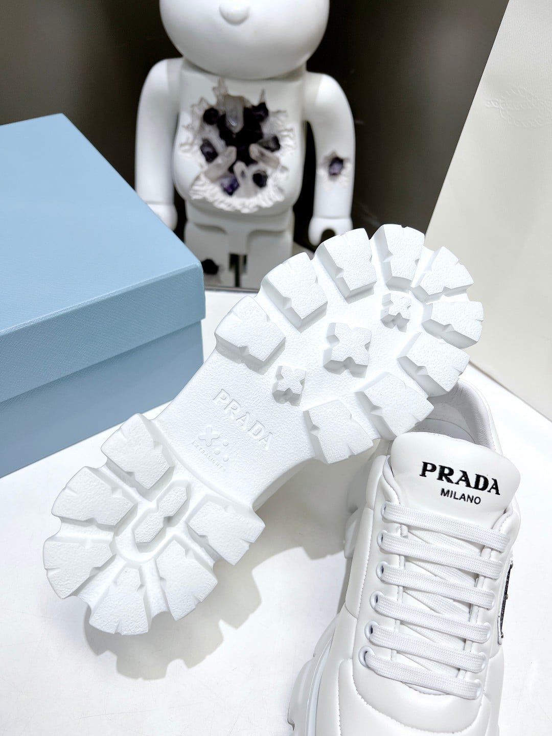 Pra*a Soft Padded Nappa Leather Lace Up Shoes White