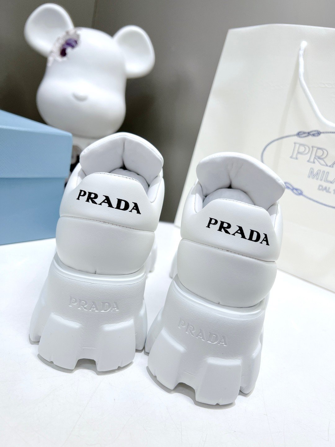 Pra*a Soft Padded Nappa Leather Lace Up Shoes White