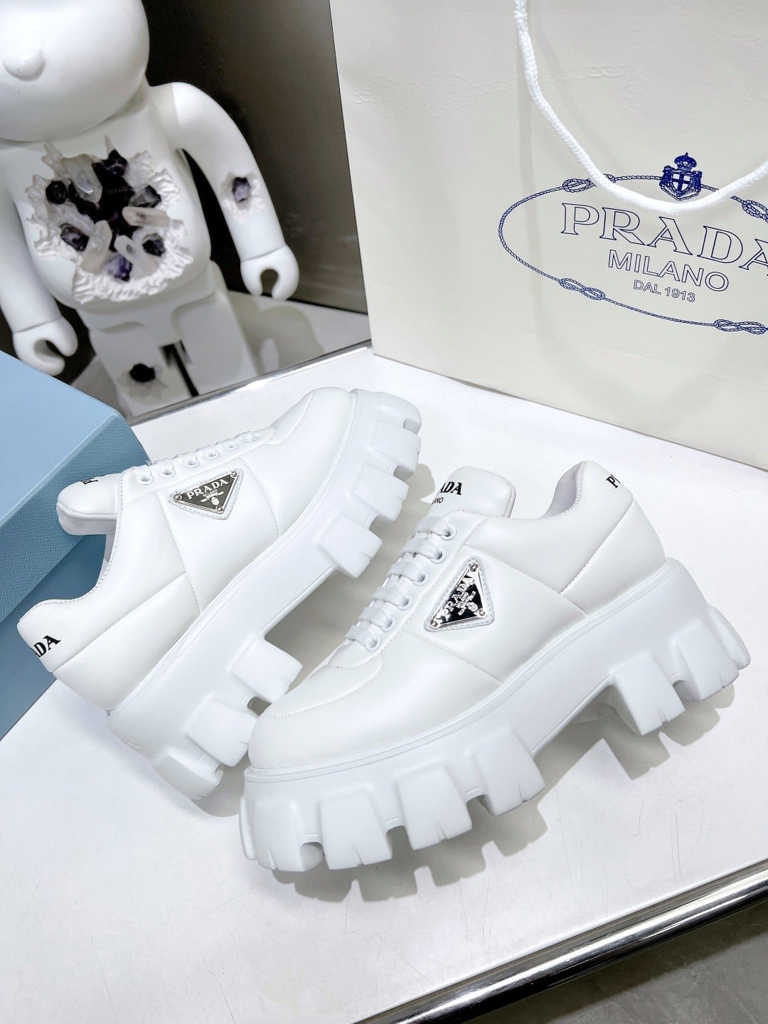Pra*a Soft Padded Nappa Leather Lace Up Shoes White