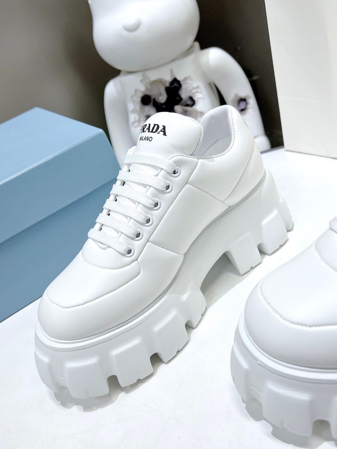 Pra*a Soft Padded Nappa Leather Lace Up Shoes White