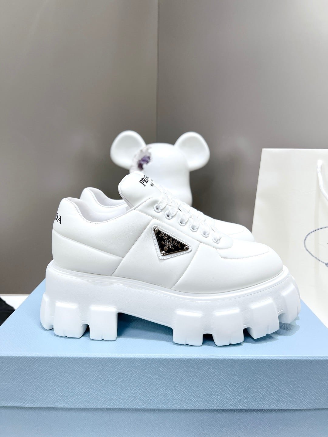 Pra*a Soft Padded Nappa Leather Lace Up Shoes White