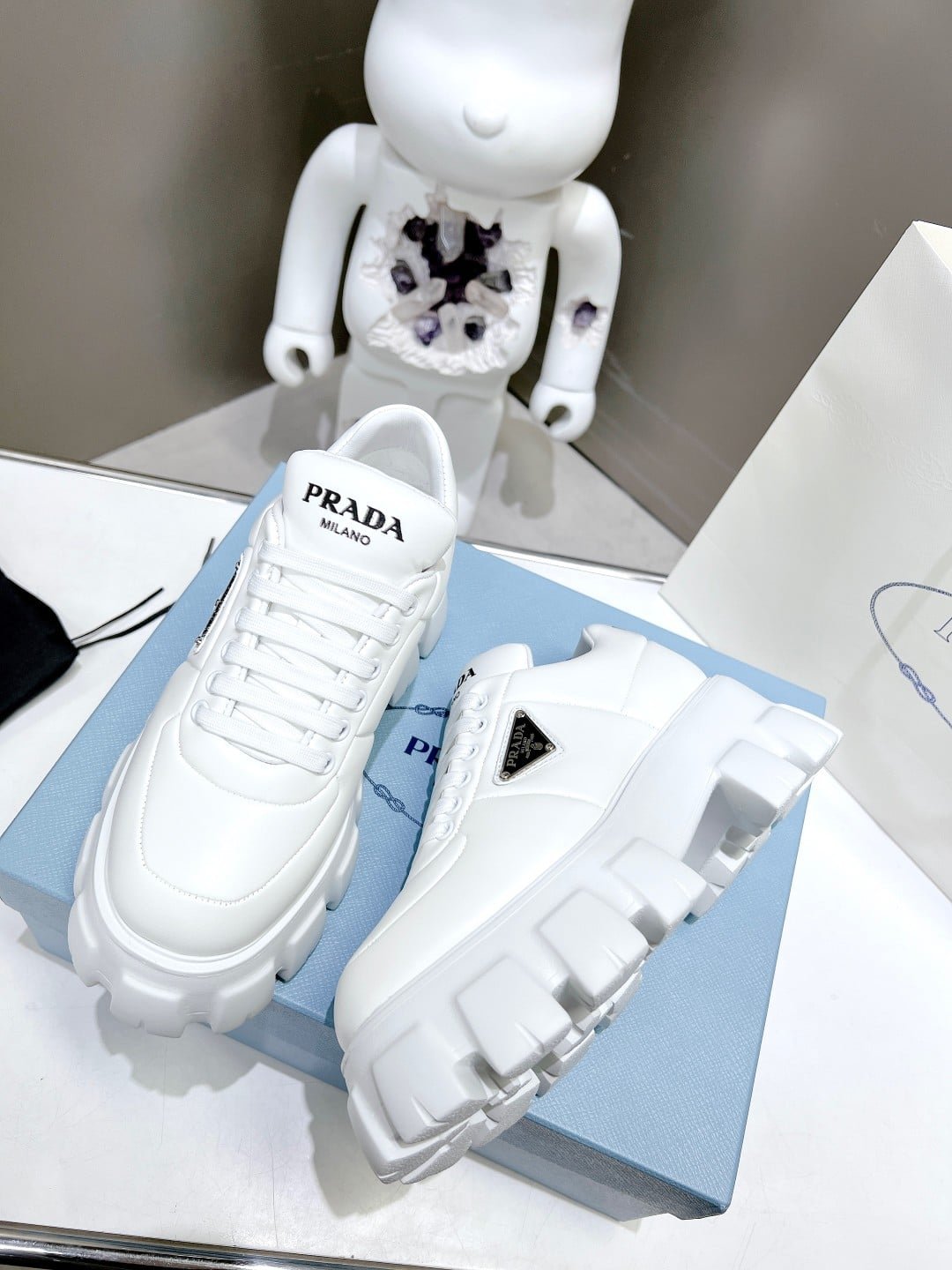 Pra*a Soft Padded Nappa Leather Lace Up Shoes White