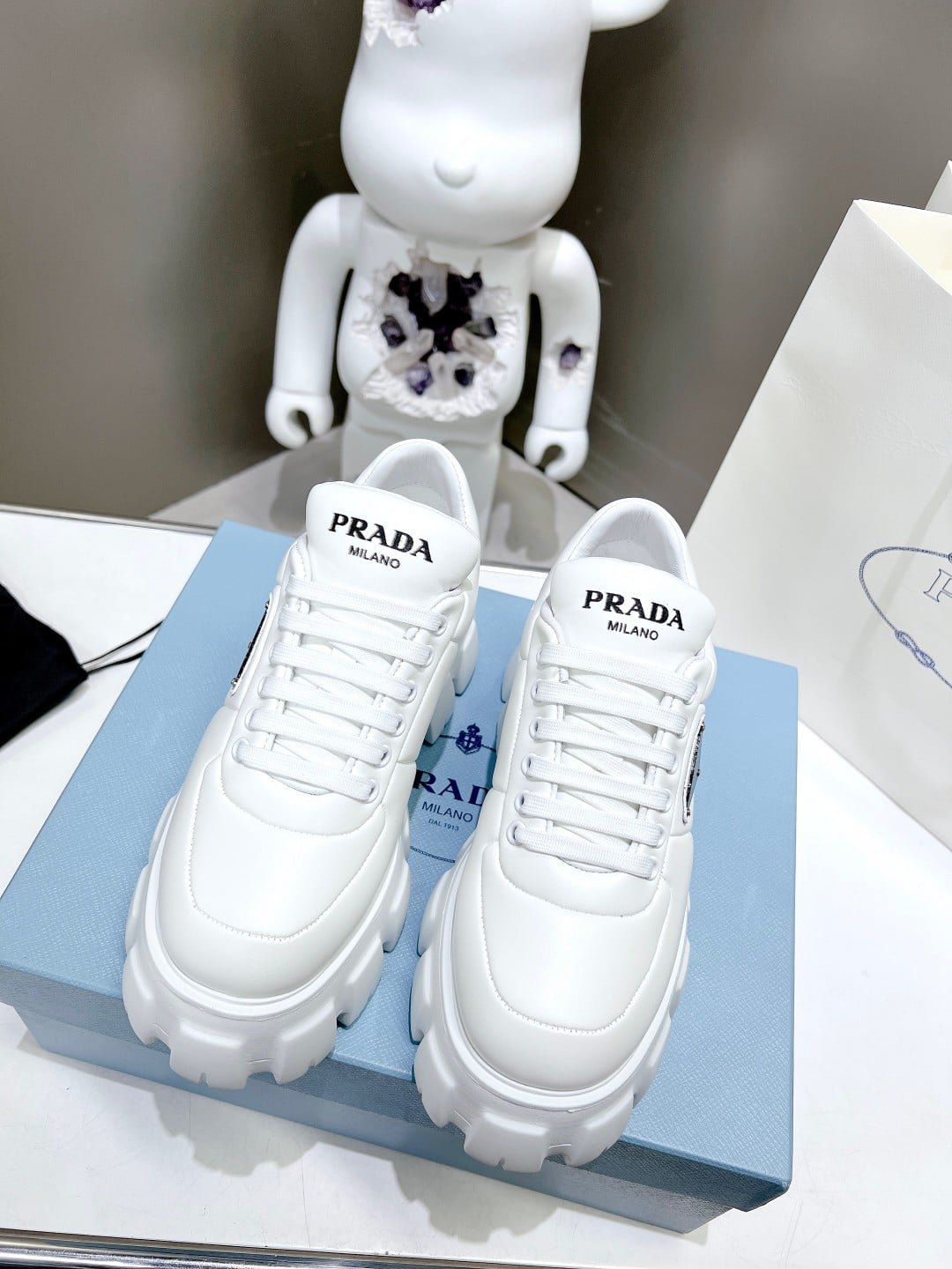 Pra*a Soft Padded Nappa Leather Lace Up Shoes White