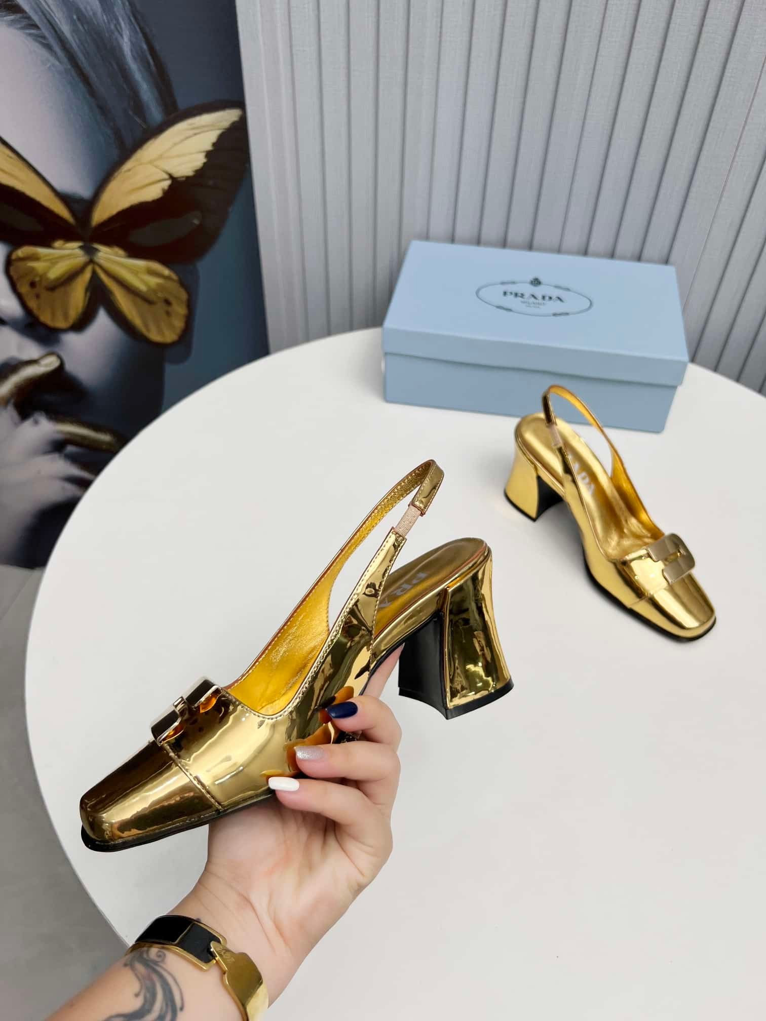 Pra*a Leather Slingback Pumps Gold