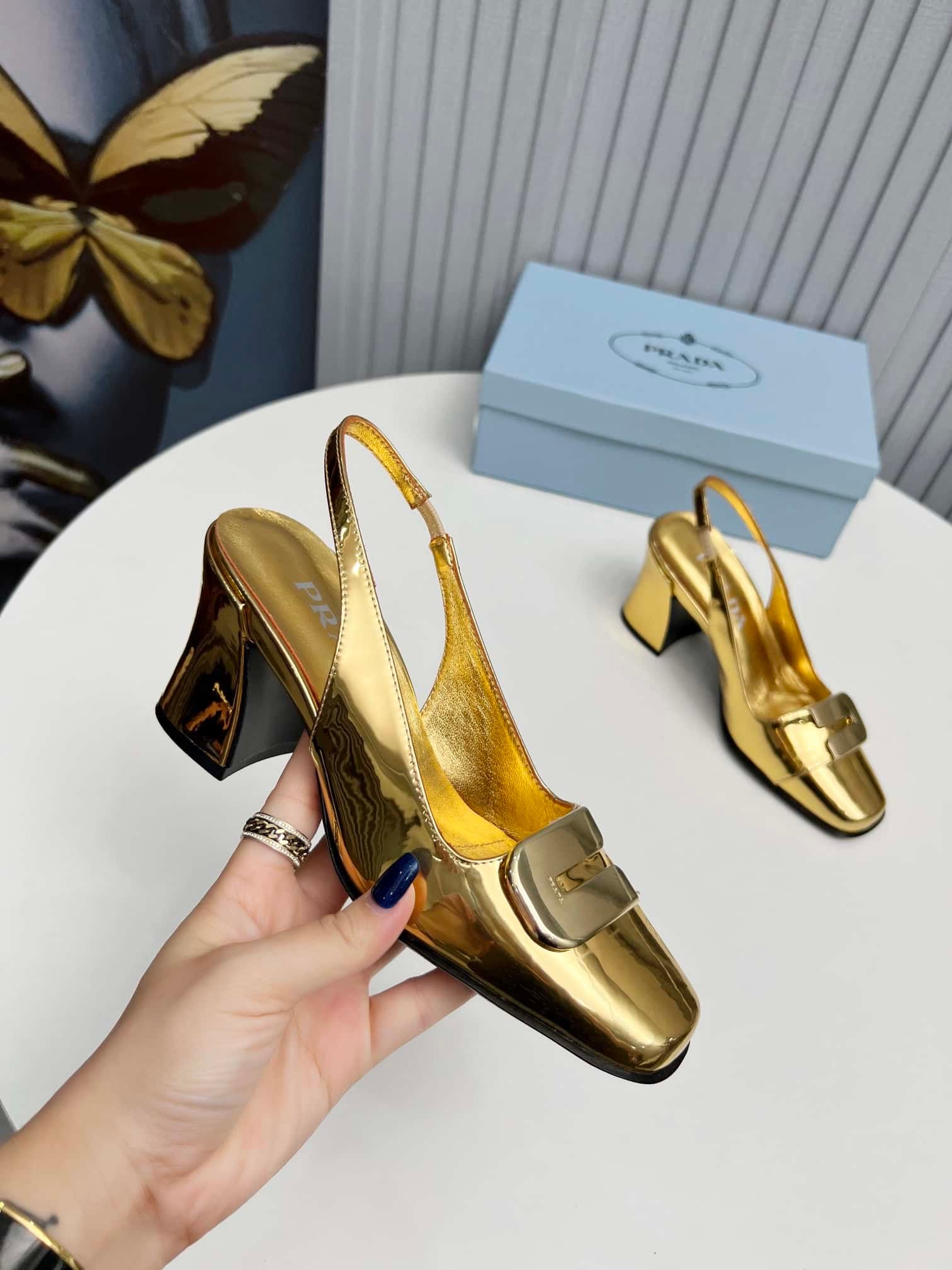 Pra*a Leather Slingback Pumps Gold