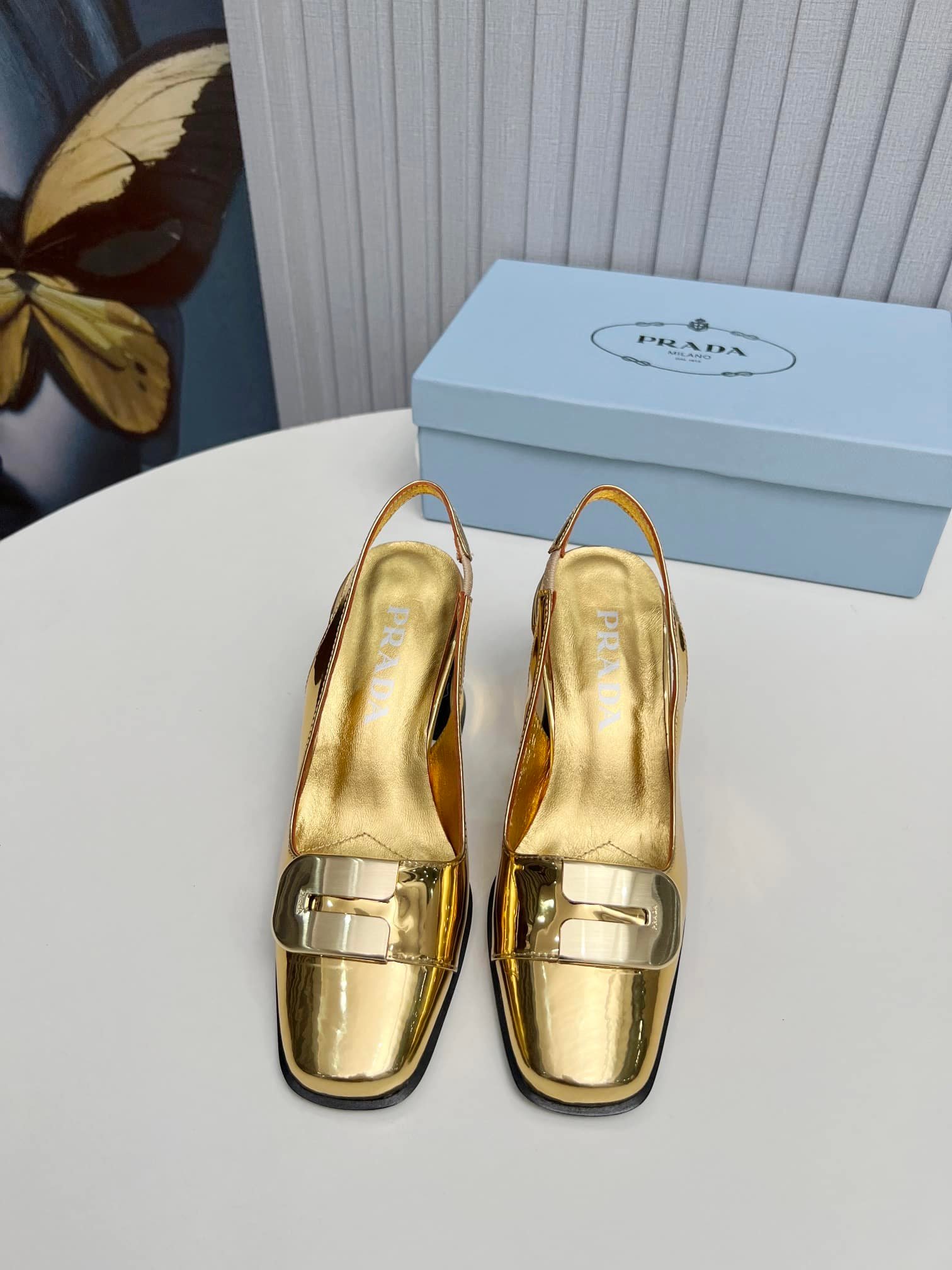 Pra*a Leather Slingback Pumps Gold