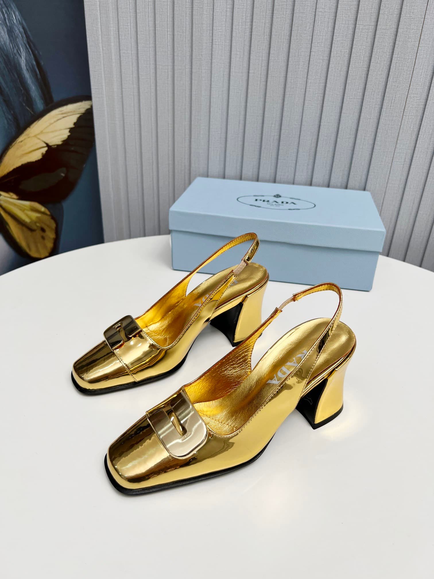 Pra*a Leather Slingback Pumps Gold