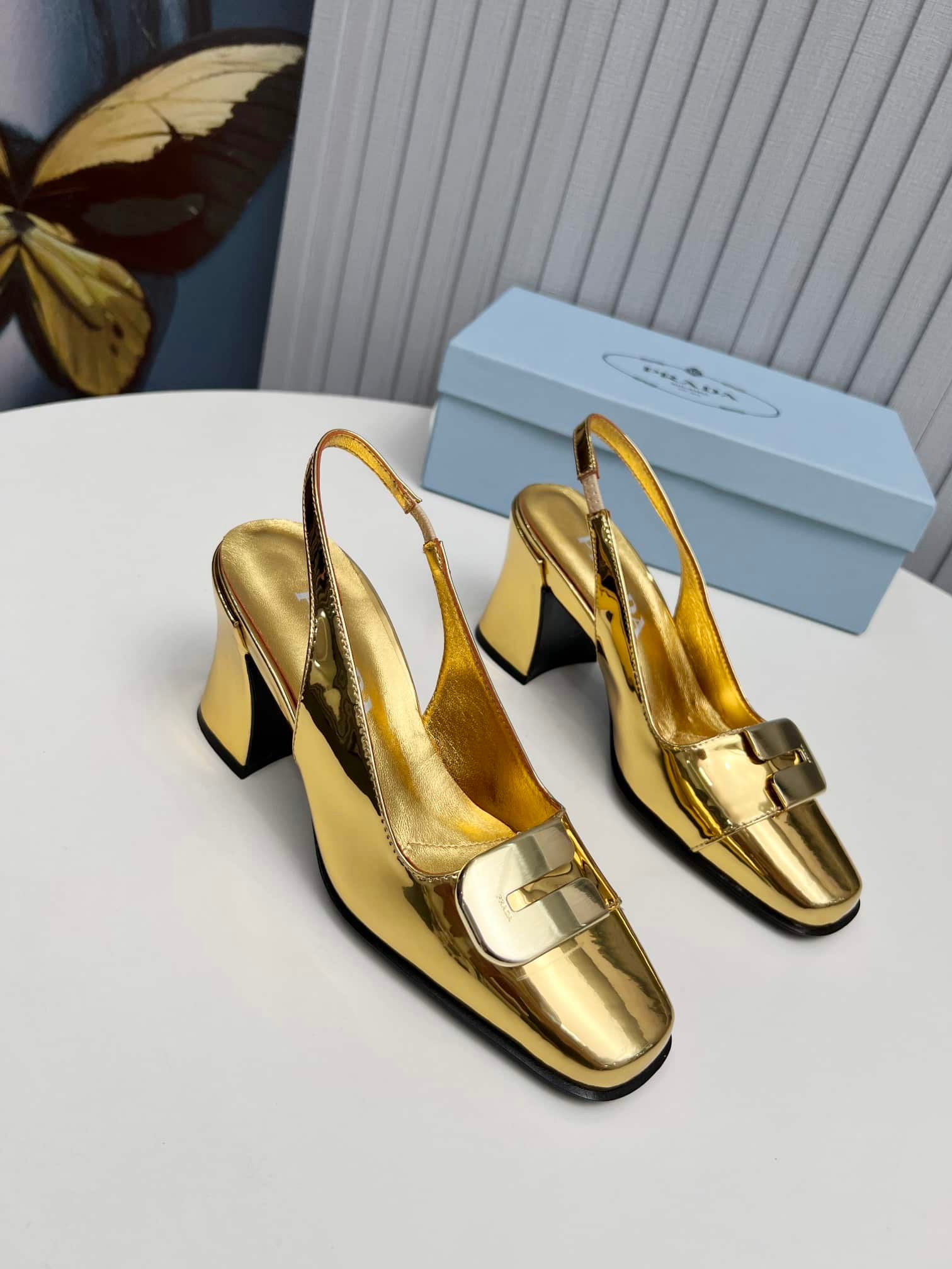 Pra*a Leather Slingback Pumps Gold