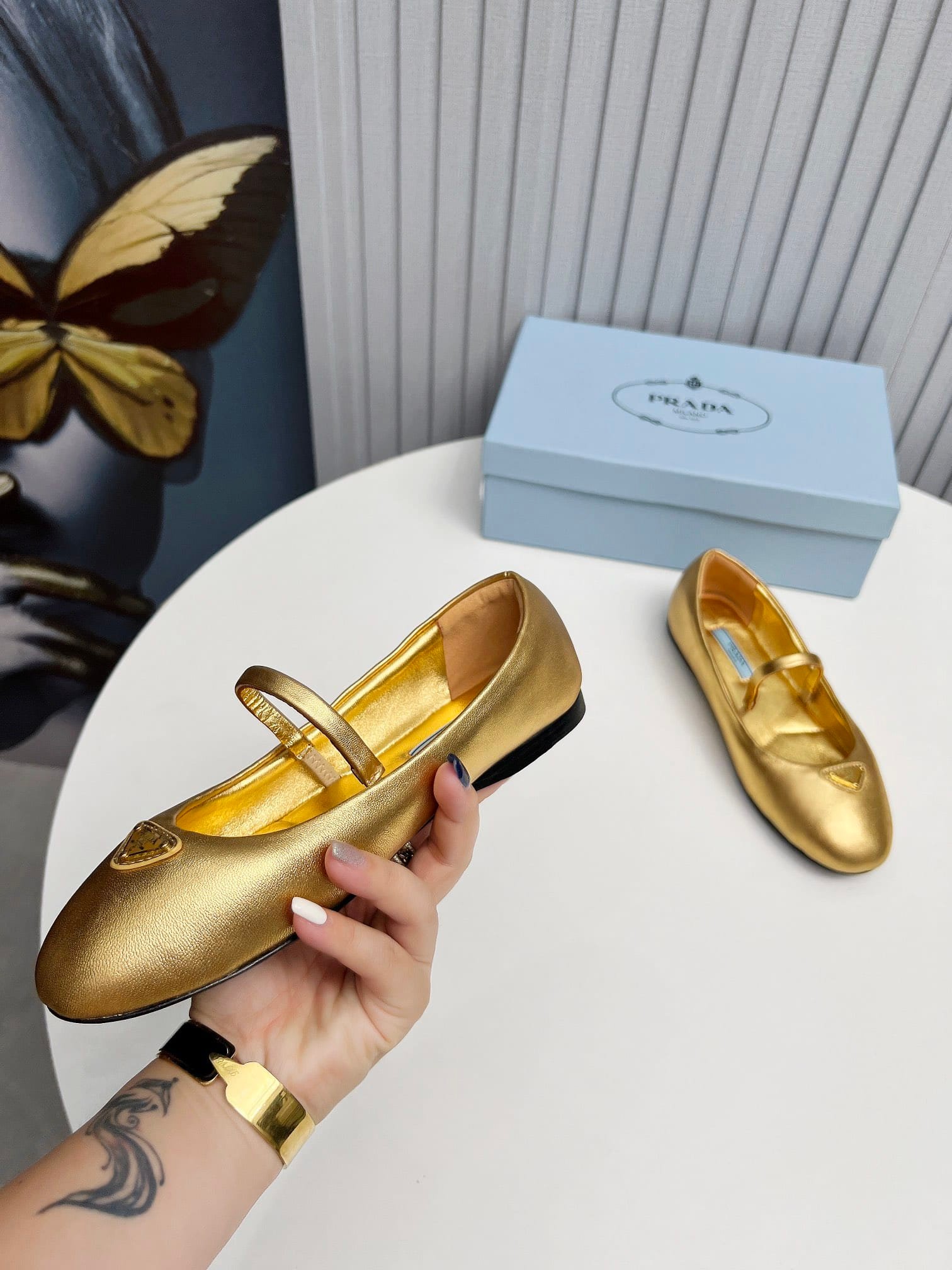 Pra*a Soft Padded Nappa Leather Ballerinas Gold