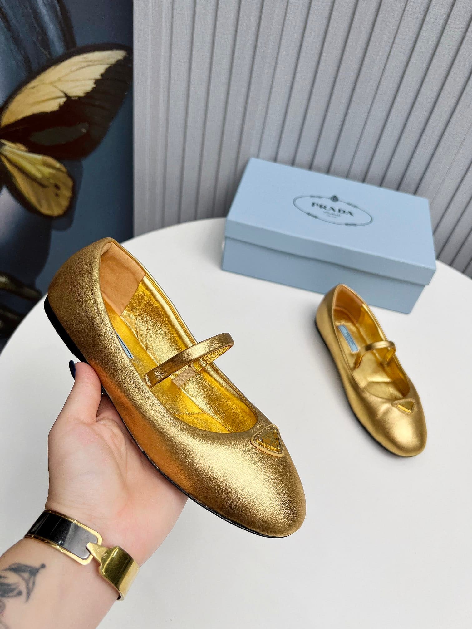 Pra*a Soft Padded Nappa Leather Ballerinas Gold