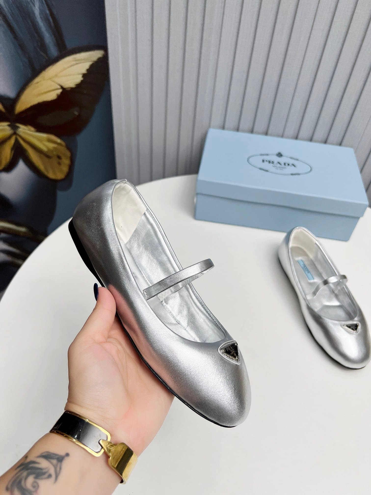 Pra*a Soft Padded Nappa Leather Ballerinas Silver