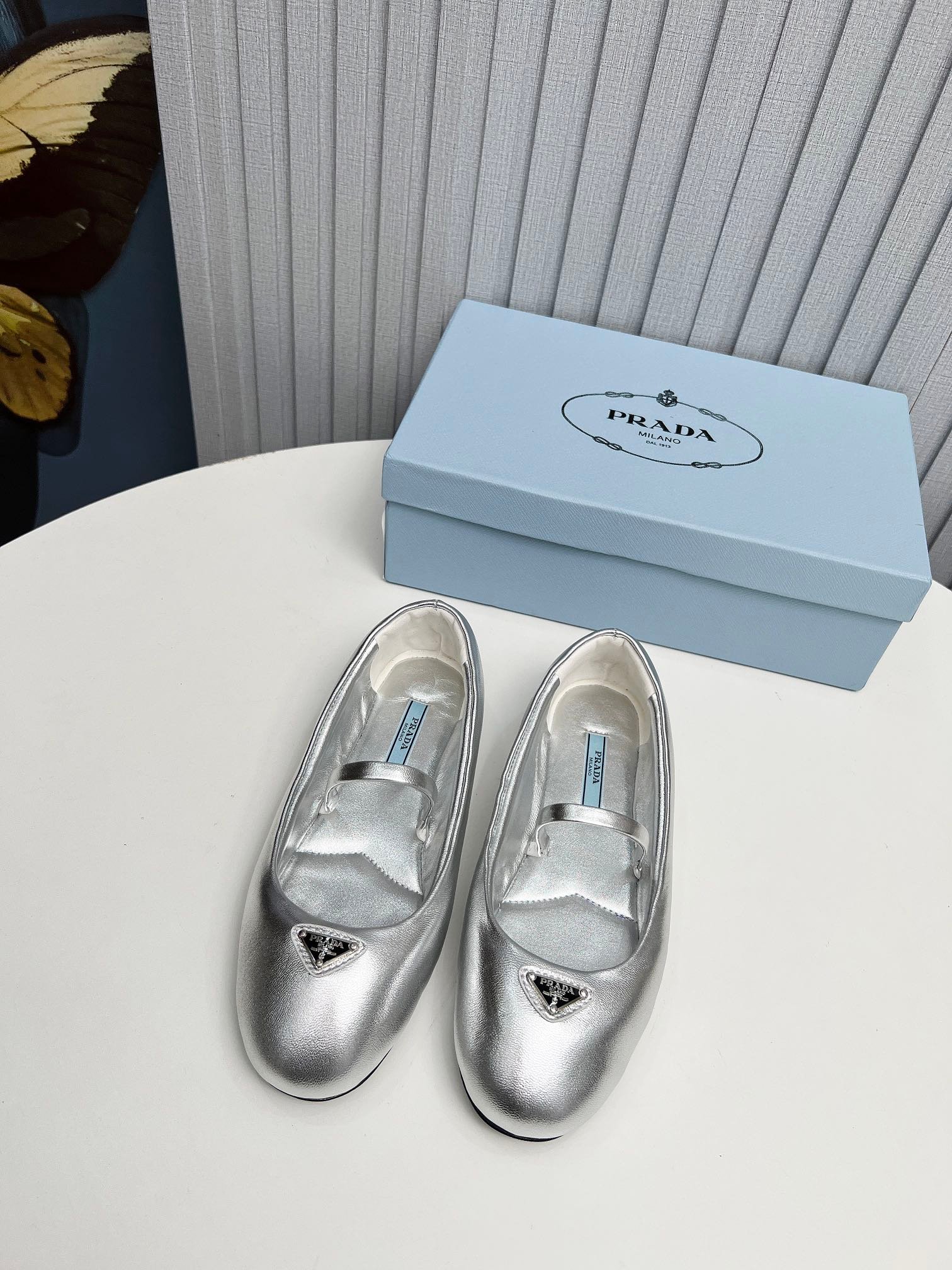 Pra*a Soft Padded Nappa Leather Ballerinas Silver