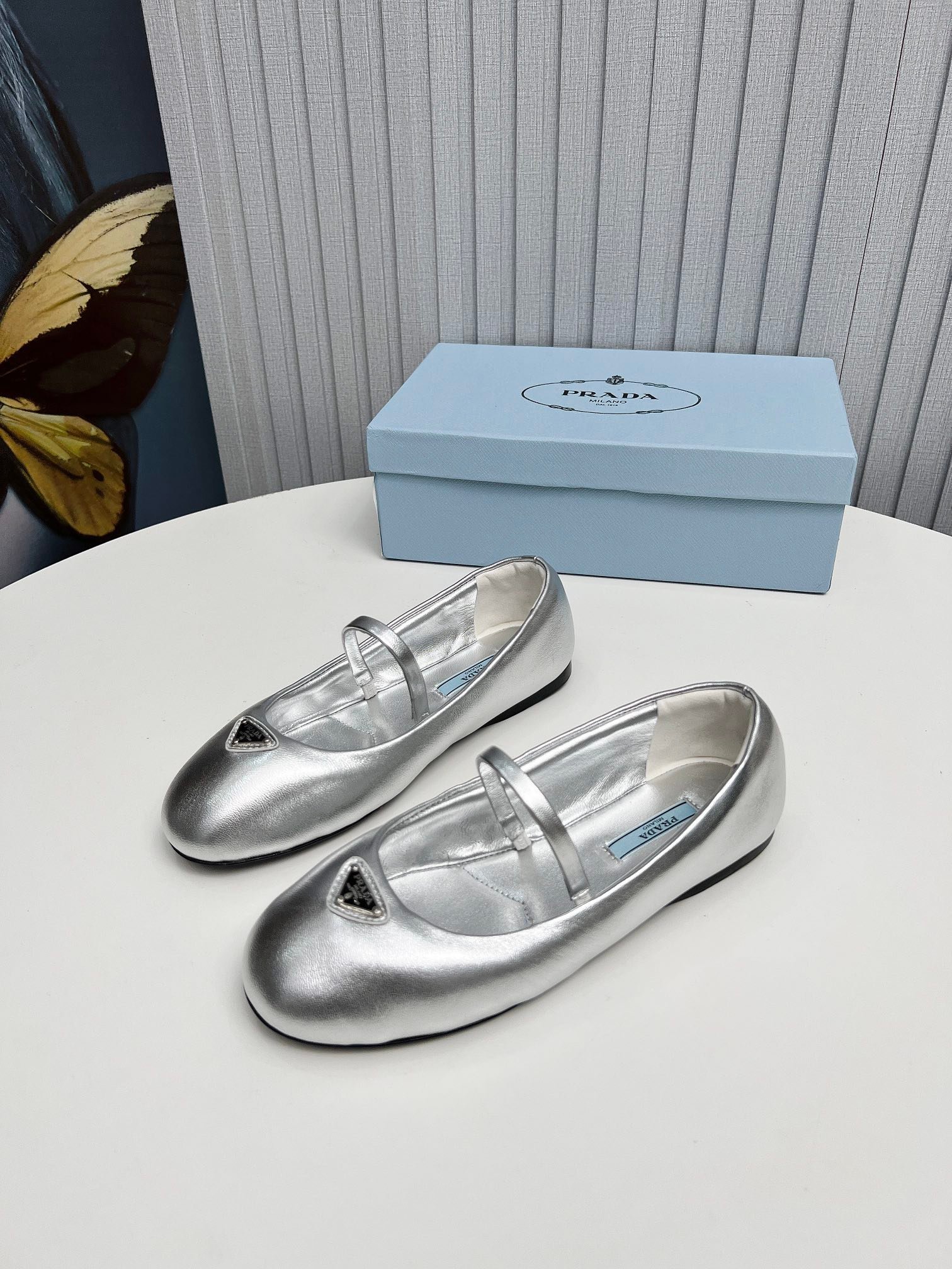 Pra*a Soft Padded Nappa Leather Ballerinas Silver