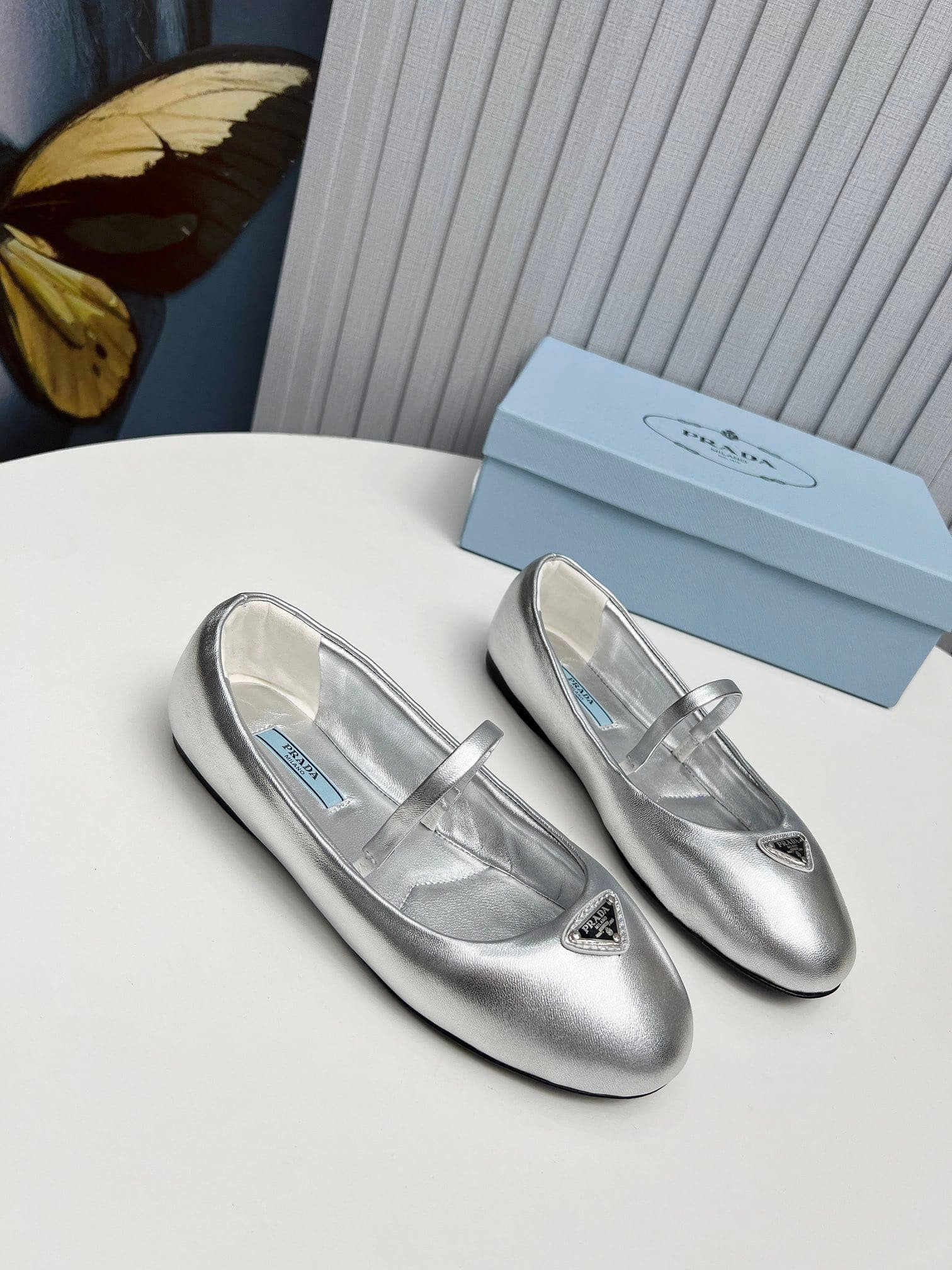 Pra*a Soft Padded Nappa Leather Ballerinas Silver