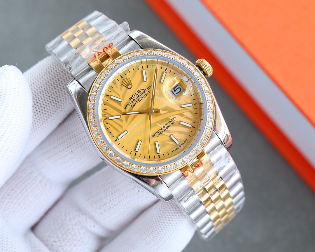R01ex Datejust Gold Dial With Silver And Gold Strap Palm Leaf Pattern 36Mm 126200 0086
