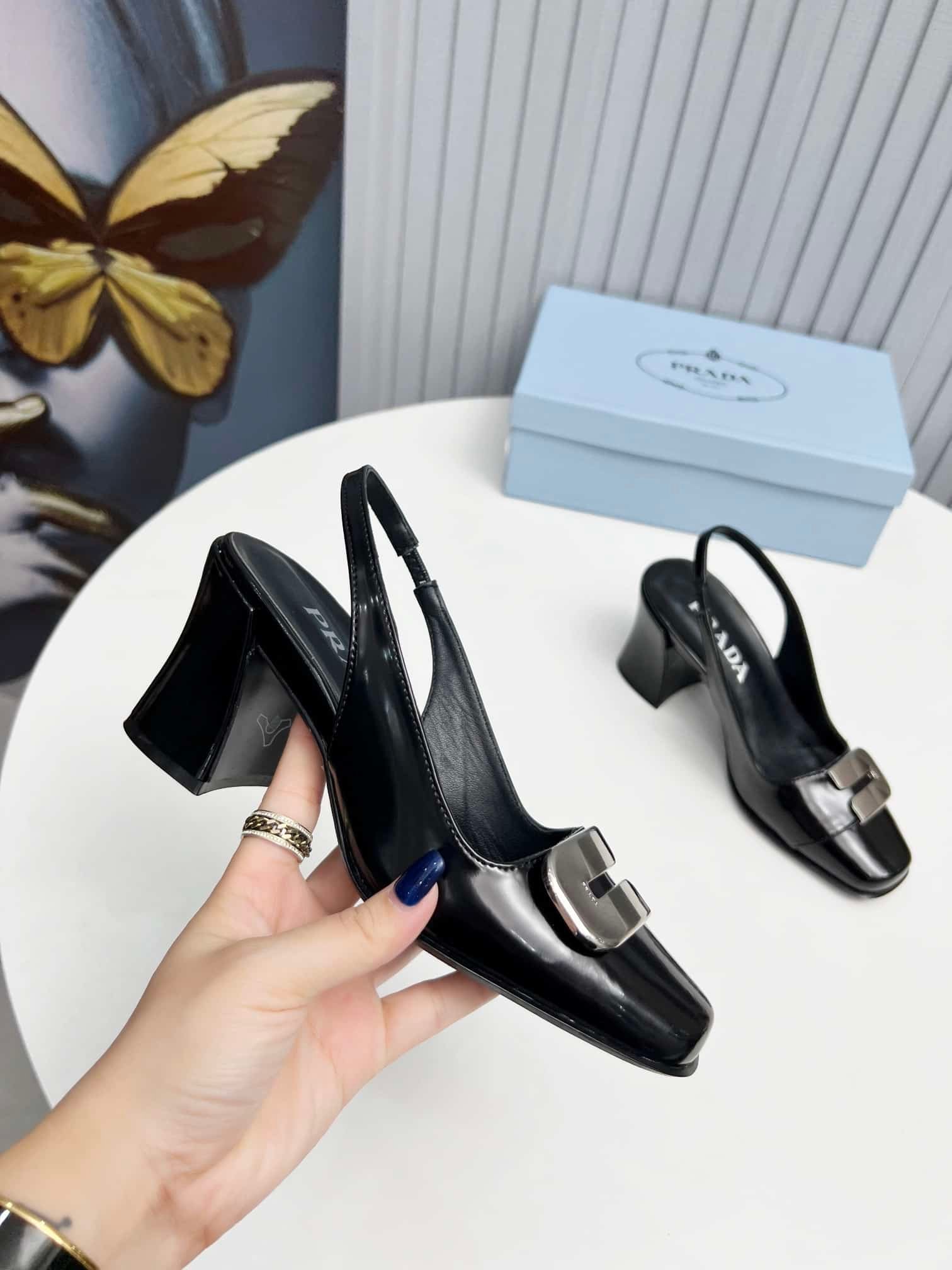 Pra*a Leather Slingback Pumps Black