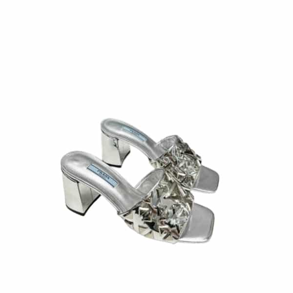 Pra*a Studded Metallic Leather Mules Silver