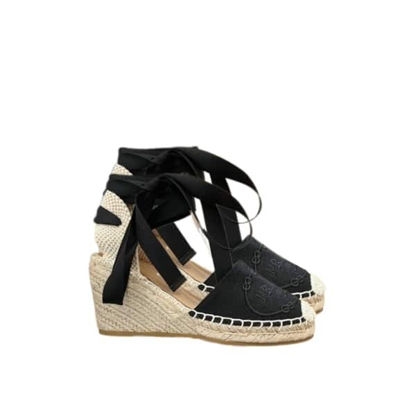 Pra*a Linen Espadrille Wedge Sandals Black