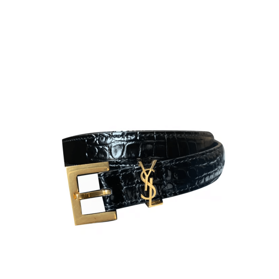 Sa1nt Lau*nt Croc Embossed Leather Belt Black And Gold 26267332